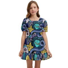 Cartoon-hand-drawn-doodles-on-the-subject-of-space-style-theme-seamless-pattern-vector-background Kids  Short Sleeve Dolly Dress by Ket1n9