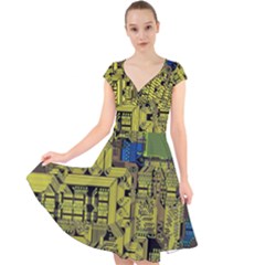Technology Circuit Board Cap Sleeve Front Wrap Midi Dress by Ket1n9