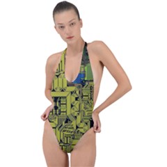Technology Circuit Board Backless Halter One Piece Swimsuit by Ket1n9