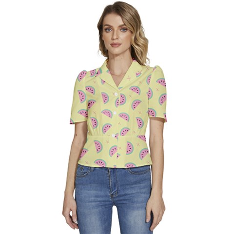 Watermelon Wallpapers  Creative Illustration And Patterns Puffed Short Sleeve Button Up Jacket by Ket1n9