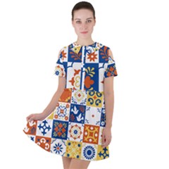Mexican-talavera-pattern-ceramic-tiles-with-flower-leaves-bird-ornaments-traditional-majolica-style- Short Sleeve Shoulder Cut Out Dress  by Ket1n9