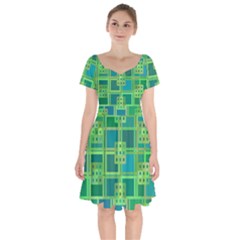 Green-abstract-geometric Short Sleeve Bardot Dress by Ket1n9