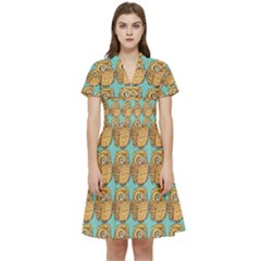 Owl-pattern-background Short Sleeve Waist Detail Dress by Grandong