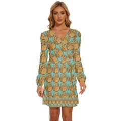 Owl Bird Pattern Long Sleeve Waist Tie Ruffle Velvet Dress by Grandong