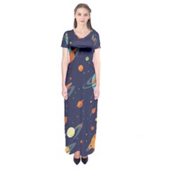 Space Galaxy Planet Universe Stars Night Fantasy Short Sleeve Maxi Dress by Grandong
