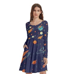 Space Galaxy Planet Universe Stars Night Fantasy Long Sleeve Knee Length Skater Dress With Pockets by Grandong