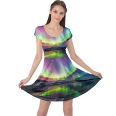 Aurora Borealis Polar Northern Lights Natural Phenomenon North Night Mountains Cap Sleeve Dress by Grandong