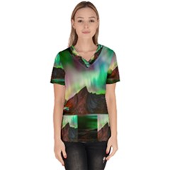 Aurora Borealis Nature Sky Light Women s V-neck Scrub Top by Grandong