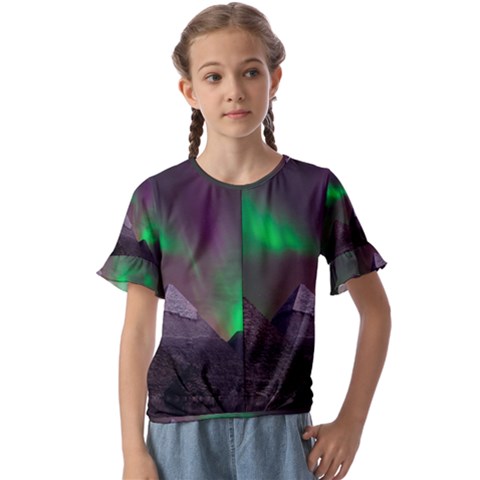 Fantasy Pyramid Mystic Space Aurora Kids  Cuff Sleeve Scrunch Bottom T-shirt by Grandong
