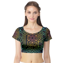 Circuit Hexagonal Geometric Pattern Background Pattern Short Sleeve Crop Top by Vaneshop