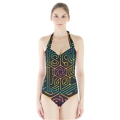 Circuit Hexagonal Geometric Pattern Background Pattern Halter Swimsuit by Vaneshop
