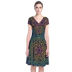 Circuit Hexagonal Geometric Pattern Background Pattern Short Sleeve Front Wrap Dress by Vaneshop