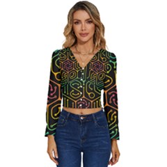 Circuit Hexagonal Geometric Pattern Background Pattern Long Sleeve V-neck Top by Vaneshop