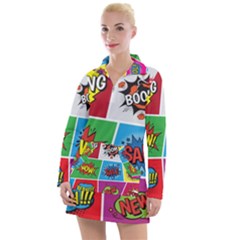 Pop Art Comic Vector Speech Cartoon Bubbles Popart Style With Humor Text Boom Bang Bubbling Expressi Women s Long Sleeve Casual Dress by Amaryn4rt