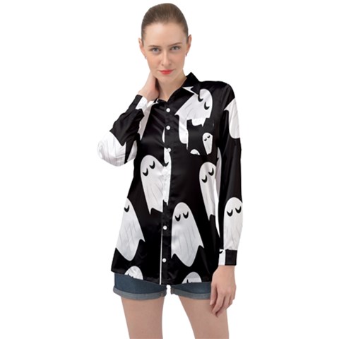 Ghost Halloween Pattern Long Sleeve Satin Shirt by Amaryn4rt