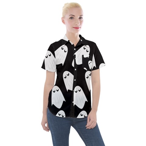 Ghost Halloween Pattern Women s Short Sleeve Pocket Shirt by Amaryn4rt