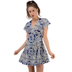 Ceramic-portugal-tiles-wall Flutter Sleeve Wrap Dress by Amaryn4rt
