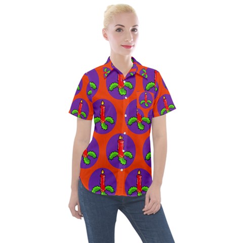 Christmas Candles Seamless Pattern Women s Short Sleeve Pocket Shirt by Amaryn4rt