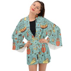 Seamless-pattern-musical-instruments-notes-headphones-player Long Sleeve Kimono by Amaryn4rt