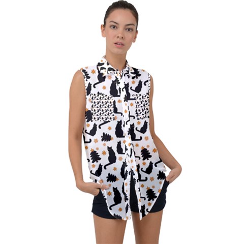 Black-cat-star-christmas-tree Sleeveless Chiffon Button Shirt by Amaryn4rt