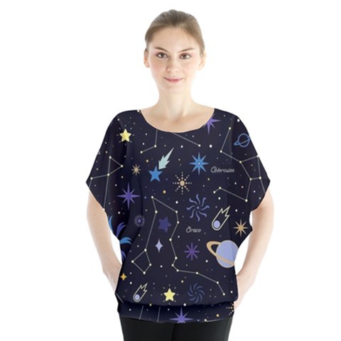 Starry Night  Space Constellations  Stars  Galaxy  Universe Graphic  Illustration Batwing Chiffon Blouse by Pakjumat