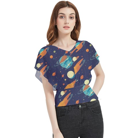 Space Galaxy Planet Universe Stars Night Fantasy Butterfly Chiffon Blouse by Pakjumat