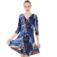 Starry Surreal Psychedelic Astronaut Space Quarter Sleeve Front Wrap Dress by Pakjumat