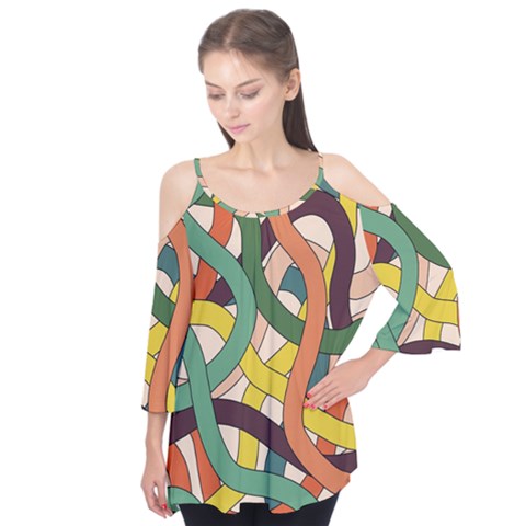 Snake Stripes Intertwined Abstract Flutter Sleeve T-shirt  by Pakjumat