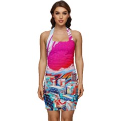 Artistic Psychedelic Art Sleeveless Wide Square Neckline Ruched Bodycon Dress by Modalart