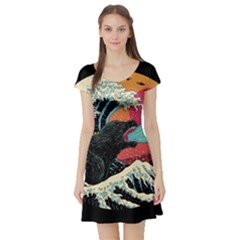 Retro Wave Kaiju Godzilla Japanese Pop Art Style Short Sleeve Skater Dress by Modalart