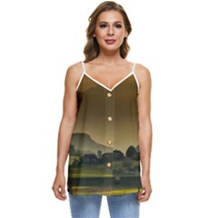 Mountains Village Trees Hills Casual Spaghetti Strap Chiffon Top by Sarkoni