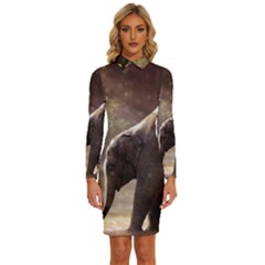 Baby Elephant Watering Hole Long Sleeve Shirt Collar Bodycon Dress by Sarkoni