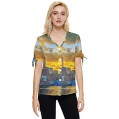 Boston Skyline Cityscape River Bow Sleeve Button Up Top by Sarkoni