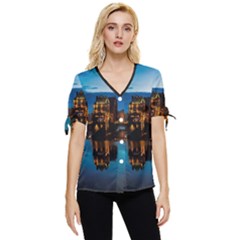 Hamburg City Blue Hour Night Bow Sleeve Button Up Top by Amaryn4rt