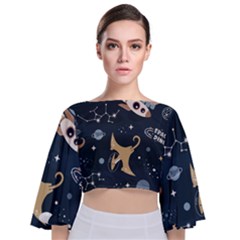 Space Theme Art Pattern Design Wallpaper Tie Back Butterfly Sleeve Chiffon Top by Proyonanggan