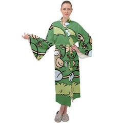 Ostrich Jungle Monkey Plants Maxi Velvet Kimono by Bajindul