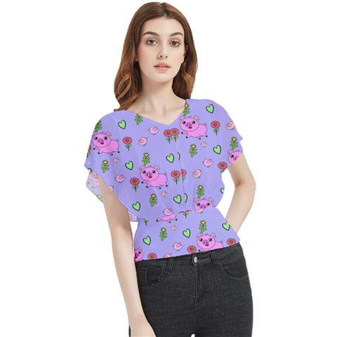 Flower Pink Pig Piggy Seamless Butterfly Chiffon Blouse by Ravend