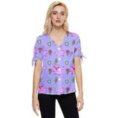 Flower Pink Pig Piggy Seamless Bow Sleeve Button Up Top by Ravend