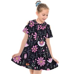 Flowers Pattern Kids  Short Sleeve Shirt Dress by Ravend