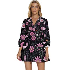 Flowers Pattern V-neck Placket Mini Dress by Ravend