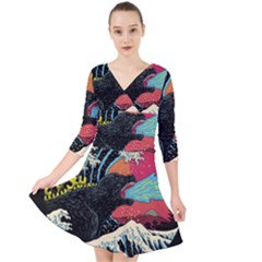 Retro Wave Kaiju Godzilla Japanese Pop Art Style Quarter Sleeve Front Wrap Dress by Modalart