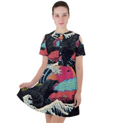 Retro Wave Kaiju Godzilla Japanese Pop Art Style Short Sleeve Shoulder Cut Out Dress  by Modalart