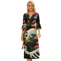 Retro Wave Kaiju Godzilla Japanese Pop Art Style Midsummer Wrap Dress by Modalart