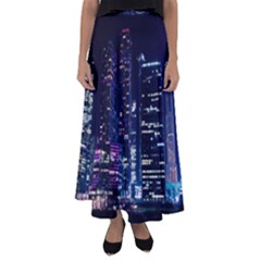 Black Building Lighted Under Clear Sky Flared Maxi Skirt by Modalart