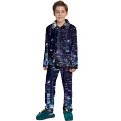 Black Building Lighted Under Clear Sky Kids  Long Sleeve Velvet Pajamas Set by Modalart