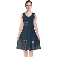 Skyline Photography Of Buildings V-neck Midi Sleeveless Dress  by Modalart