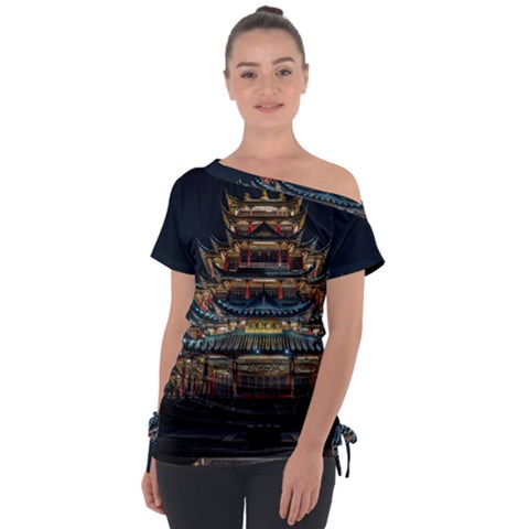 Blue Yellow And Green Lighted Pagoda Tower Off Shoulder Tie-up T-shirt by Modalart