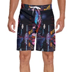 Roadway Surrounded Building During Nighttime Men s Beach Shorts by Modalart