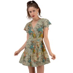 Vintage World Map Flutter Sleeve Wrap Dress by Ndabl3x