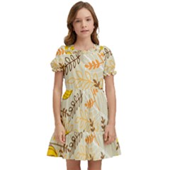 Leaves Flowers Background Pattern Kids  Puff Sleeved Dress by Grandong